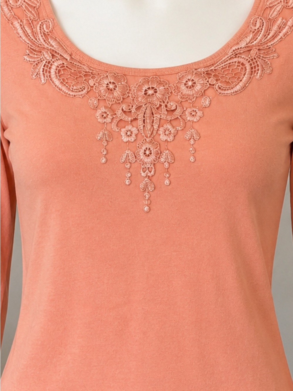 Newport News Coral Lace-Yoke Long Sleeve Tee